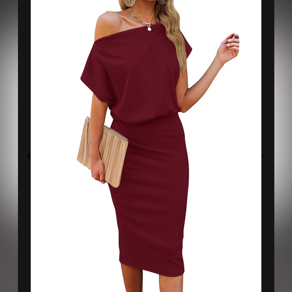 NWT MEROKEETY Off Shoulder Ribbed Bodycon Midi Dress
